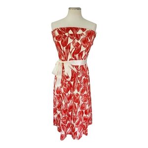 NOTICE Strapless Tulip Print Dress Size 10 Red White Belted Fit & Flare Cotton